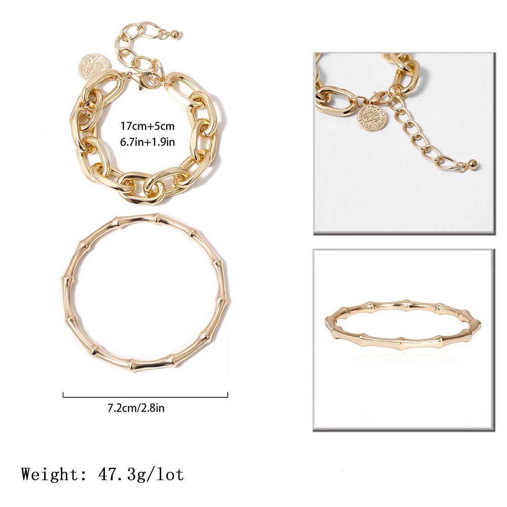 IngeSight.Z 2Pcs/Lot Punk Gold Color Chunky Thick Bracelets Bangle for Women Miami Cuban Carved Coin Pendant Bamboo Bracelet