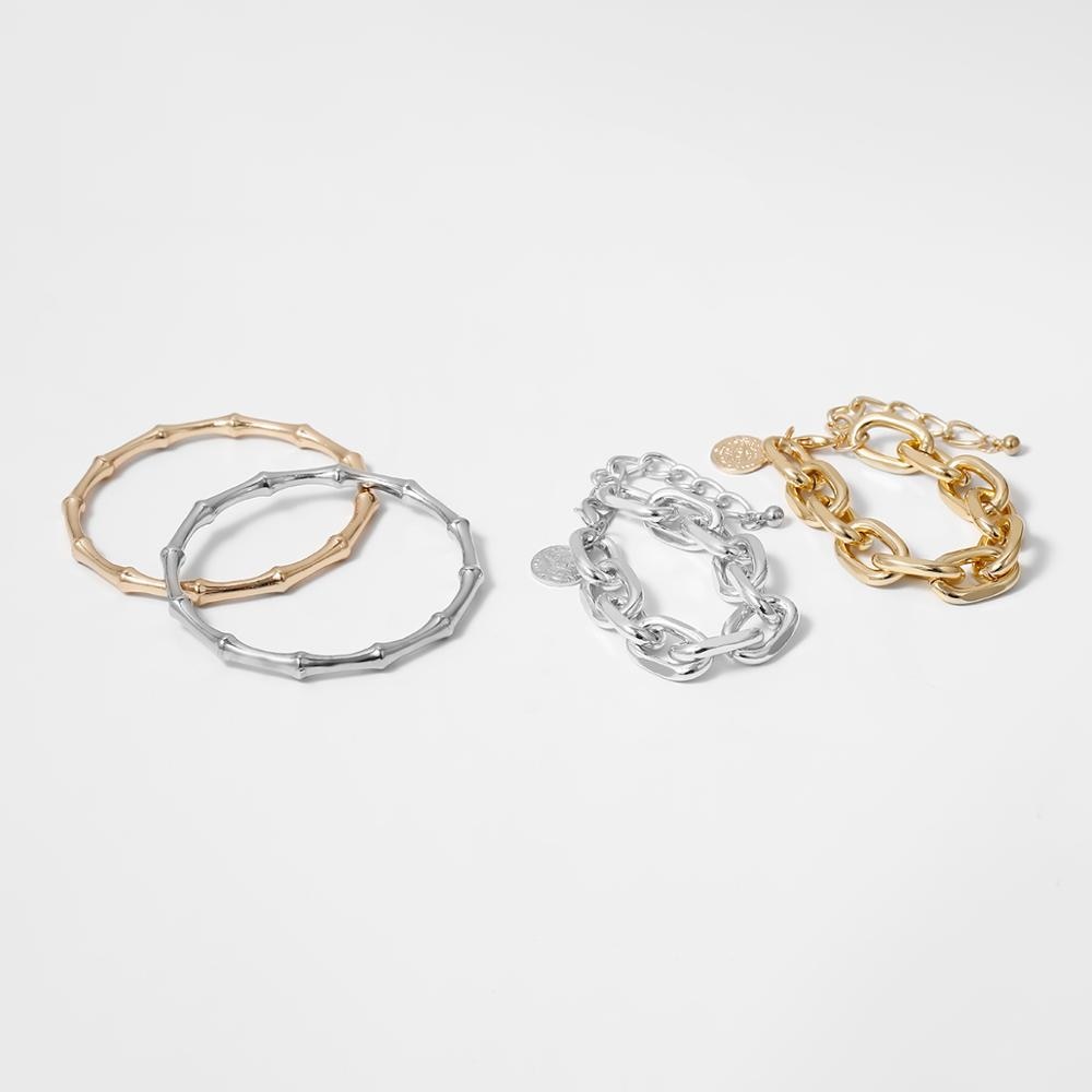 IngeSight.Z 2Pcs/Lot Punk Gold Color Chunky Thick Bracelets Bangle for Women Miami Cuban Carved Coin Pendant Bamboo Bracelet