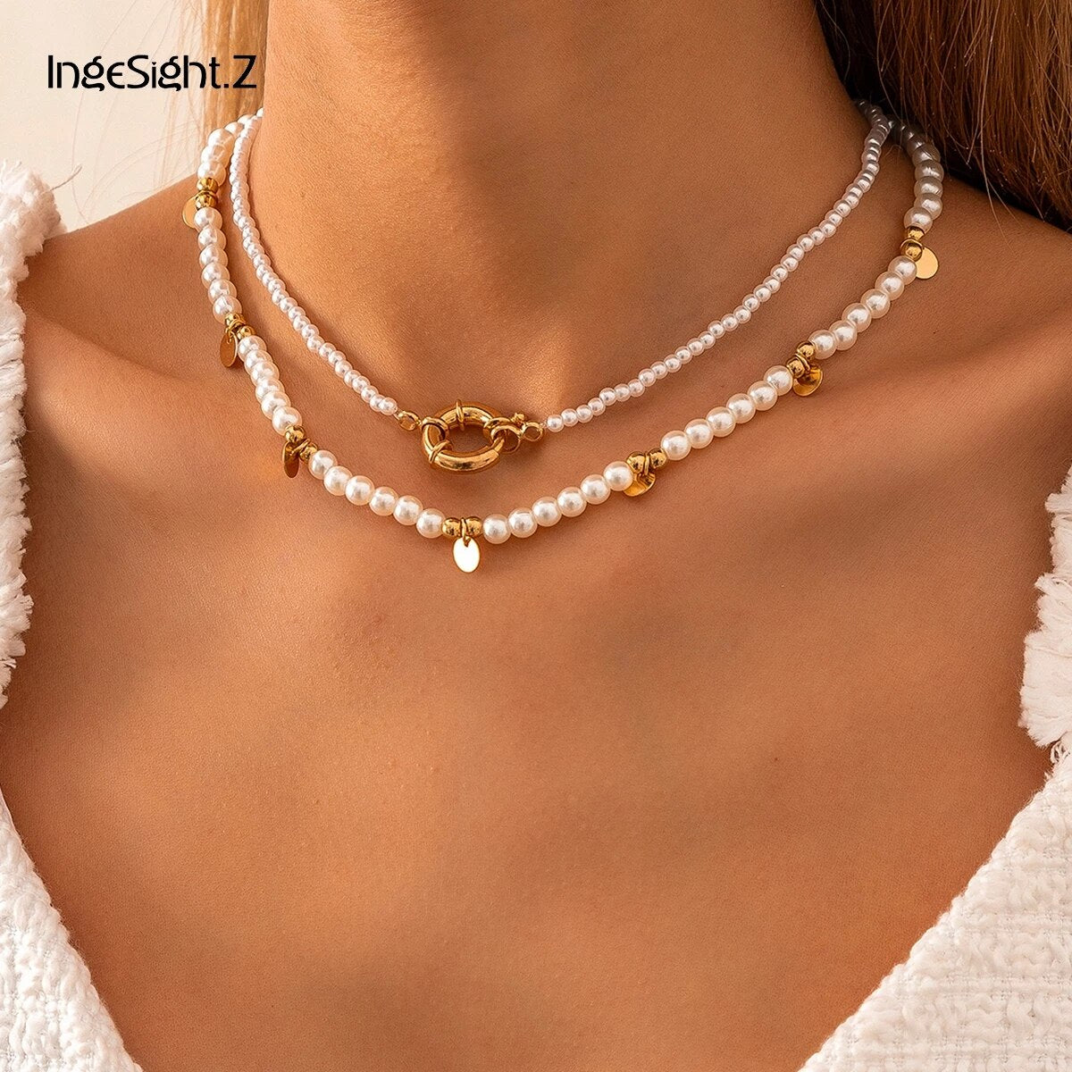 IngeSight.Z 2Pcs/Set Boho Copper Sequins Tassle Pendant Necklace Imitation Pearl Chain Choker Necklaces Collar for Women Jewelry