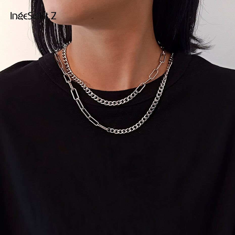IngeSight.Z 2Pcs/Set  Stainless Steel Choker Necklace Double Layered Steampunk Silver Color Long Necklaces Jewelry