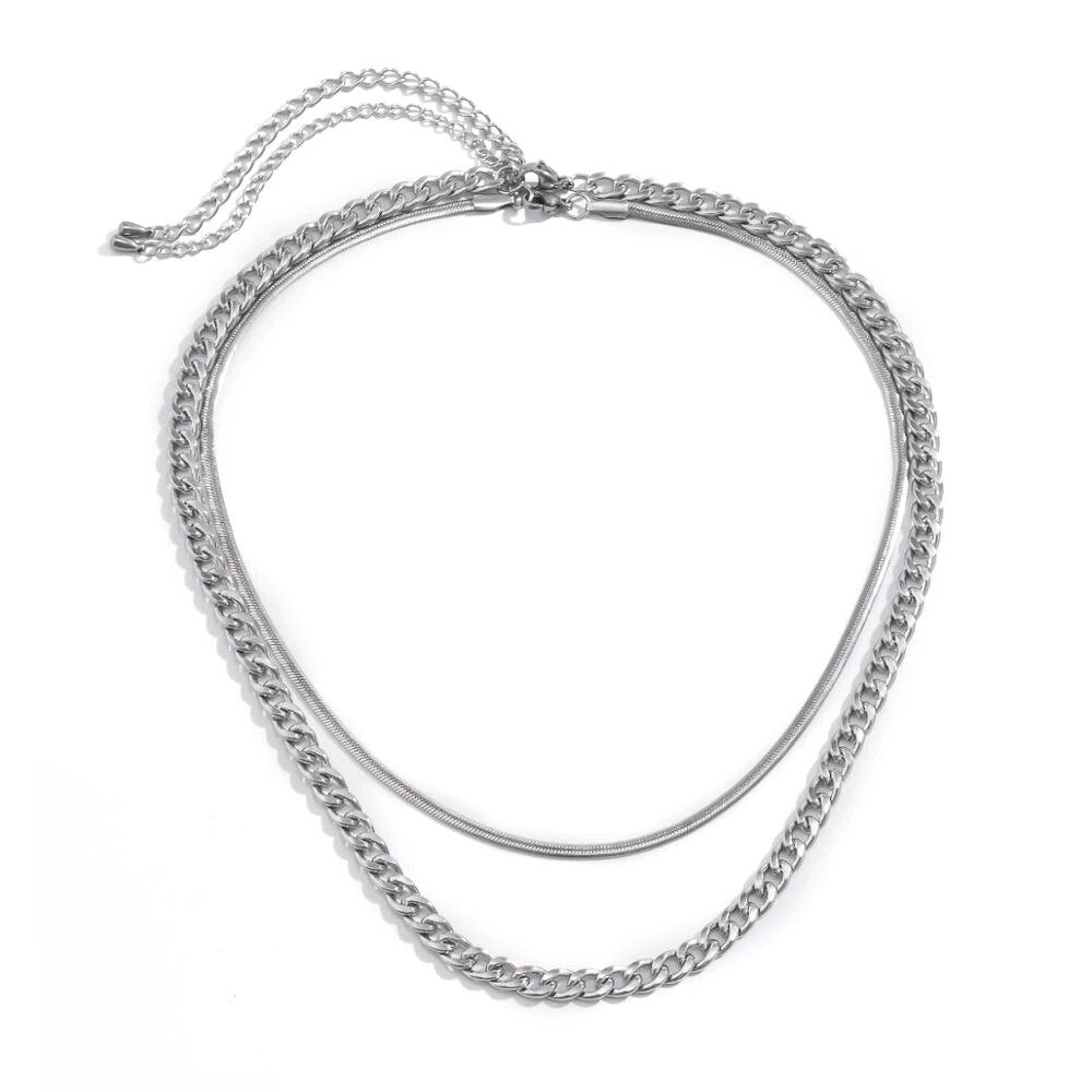 IngeSight.Z 2Pcs/Set  Stainless Steel Choker Necklace Double Layered Steampunk Silver Color Long Necklaces Jewelry