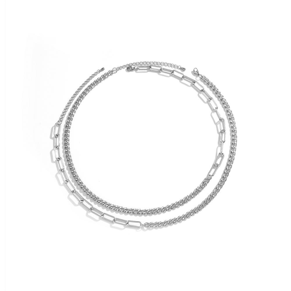 IngeSight.Z 2Pcs/Set  Stainless Steel Choker Necklace Double Layered Steampunk Silver Color Long Necklaces Jewelry