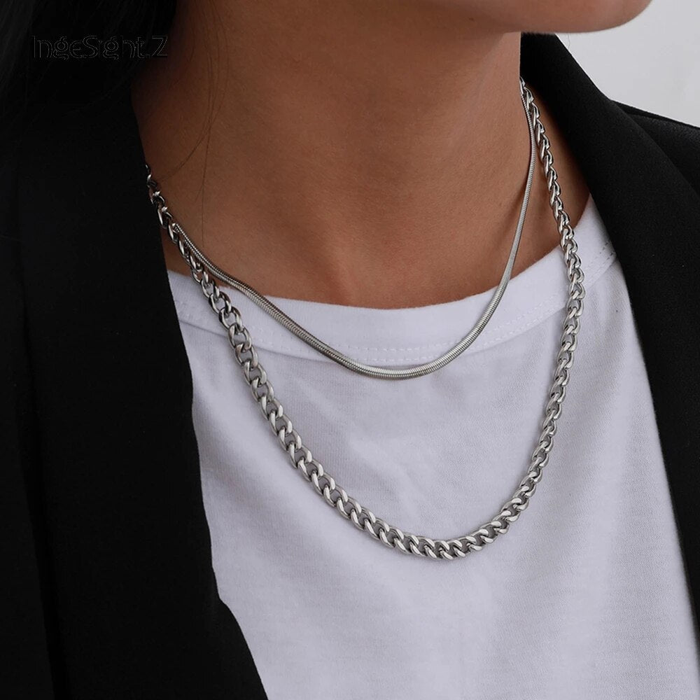 IngeSight.Z 2Pcs/Set  Stainless Steel Choker Necklace Double Layered Steampunk Silver Color Long Necklaces Jewelry
