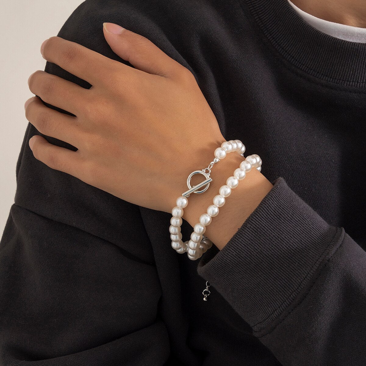 IngeSight.Z 2Pcs/Set Imitation Pearl Chain OT Buckle Bracelets for Men Women Punk Charm Bracelets Bangle Jewelry Gifts