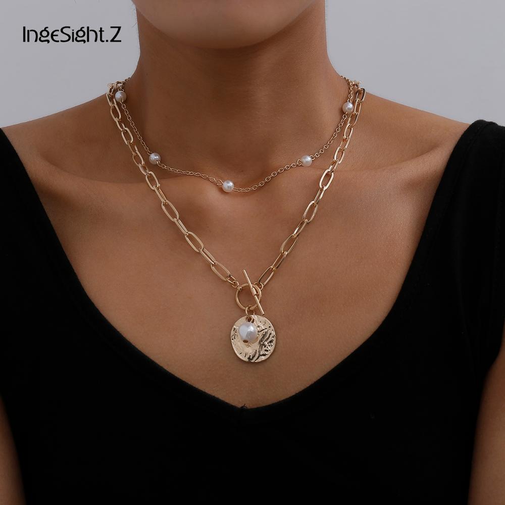 IngeSight.Z 2Pcs/Set Multi Layered Boho Imitation Pearl Choker Necklace Collar Punk Carved Coin Lasso Pendant Necklaces Jewelry