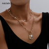 IngeSight.Z 2Pcs/Set Multi Layered Boho Imitation Pearl Choker Necklace Collar Punk Carved Coin Lasso Pendant Necklaces Jewelry