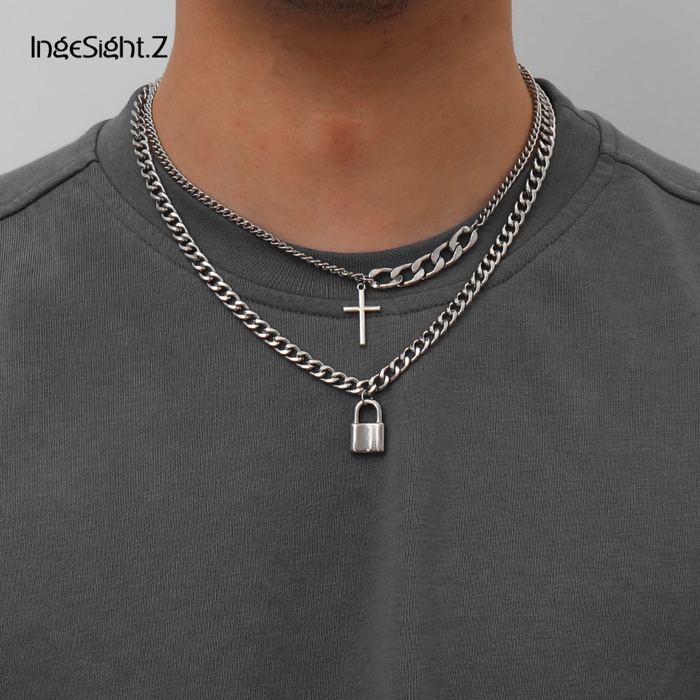 IngeSight.Z 2Pcs/Set Stainless Steel Cross Padlock Pendant Necklace Multi Layered Silver Color Choker Necklace for Women Jewelry