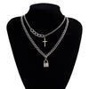 IngeSight.Z 2Pcs/Set Stainless Steel Cross Padlock Pendant Necklace Multi Layered Silver Color Choker Necklace for Women Jewelry