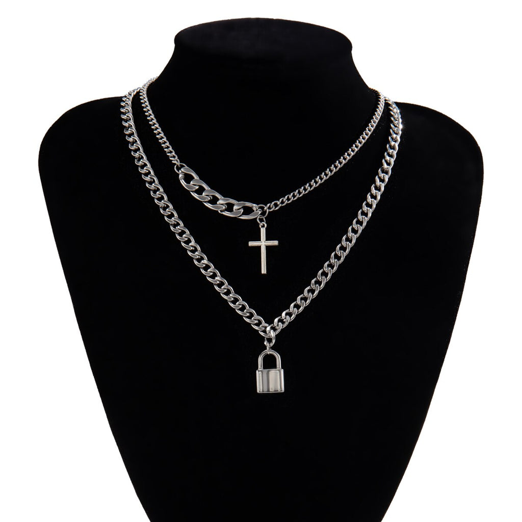IngeSight.Z 2Pcs/Set Stainless Steel Cross Padlock Pendant Necklace Multi Layered Silver Color Choker Necklace for Women Jewelry