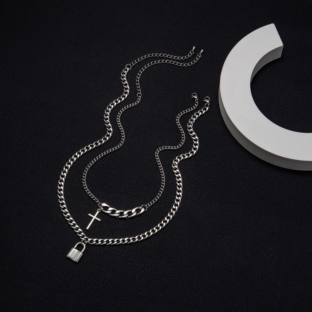 IngeSight.Z 2Pcs/Set Stainless Steel Cross Padlock Pendant Necklace Multi Layered Silver Color Choker Necklace for Women Jewelry