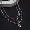 IngeSight.Z 2Pcs/Set Stainless Steel Cross Padlock Pendant Necklace Multi Layered Silver Color Choker Necklace for Women Jewelry