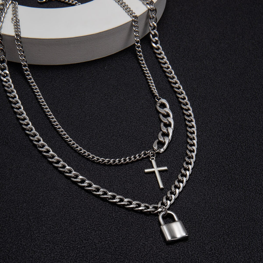 IngeSight.Z 2Pcs/Set Stainless Steel Cross Padlock Pendant Necklace Multi Layered Silver Color Choker Necklace for Women Jewelry