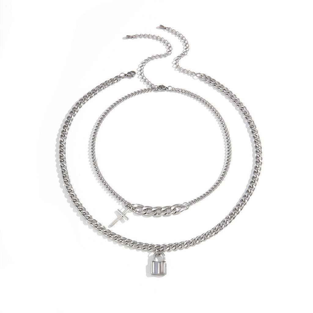 IngeSight.Z 2Pcs/Set Stainless Steel Cross Padlock Pendant Necklace Multi Layered Silver Color Choker Necklace for Women Jewelry