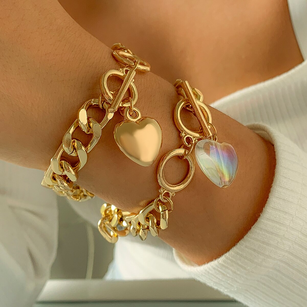 IngeSight.Z 2Pcs/Set Sweet Acrylic Heart Pendant Toggle Lasso Bracelets Bangles Punk Chunky Thick Friendship Bracelets Jewelry