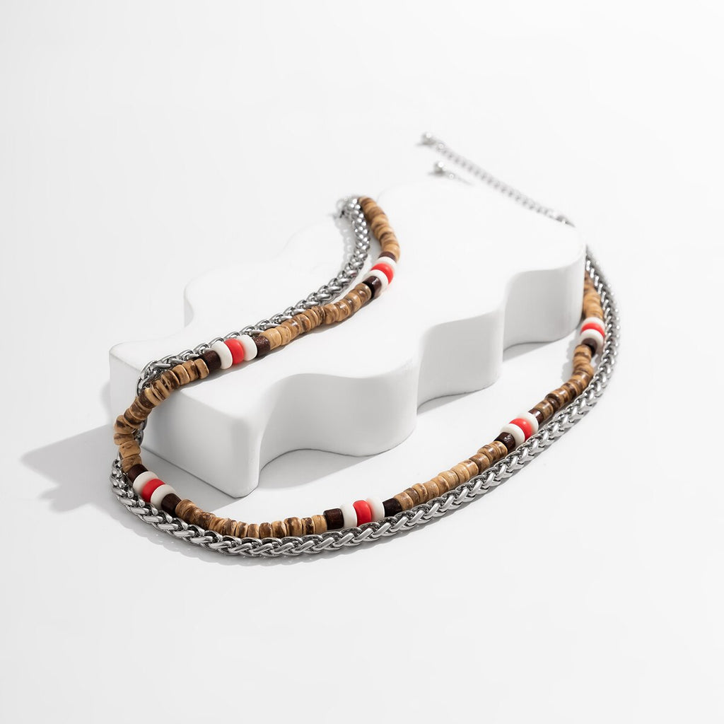 IngeSight.Z 2Pcs/set Natural Wood Beaded Surfer Necklace for Men Vintage Twisted Metal Link Chain Necklace Tribal Jewelry Gift