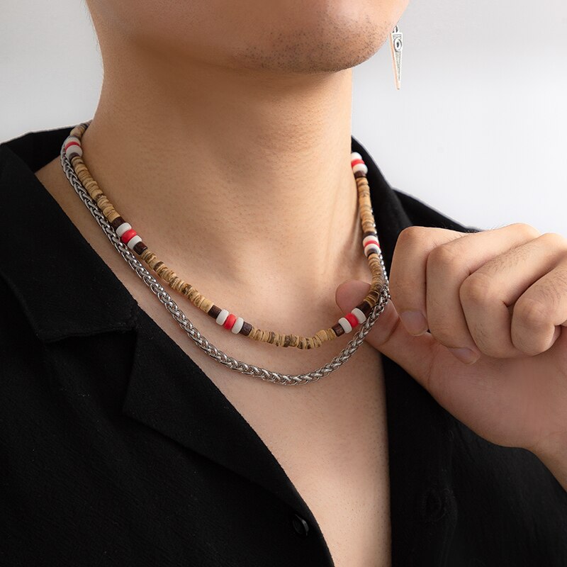 IngeSight.Z 2Pcs/set Natural Wood Beaded Surfer Necklace for Men Vintage Twisted Metal Link Chain Necklace Tribal Jewelry Gift