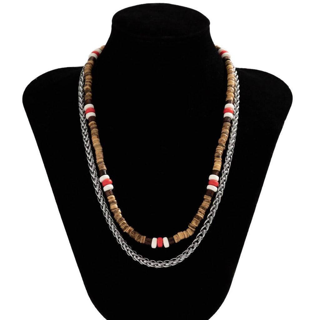 IngeSight.Z 2Pcs/set Natural Wood Beaded Surfer Necklace for Men Vintage Twisted Metal Link Chain Necklace Tribal Jewelry Gift