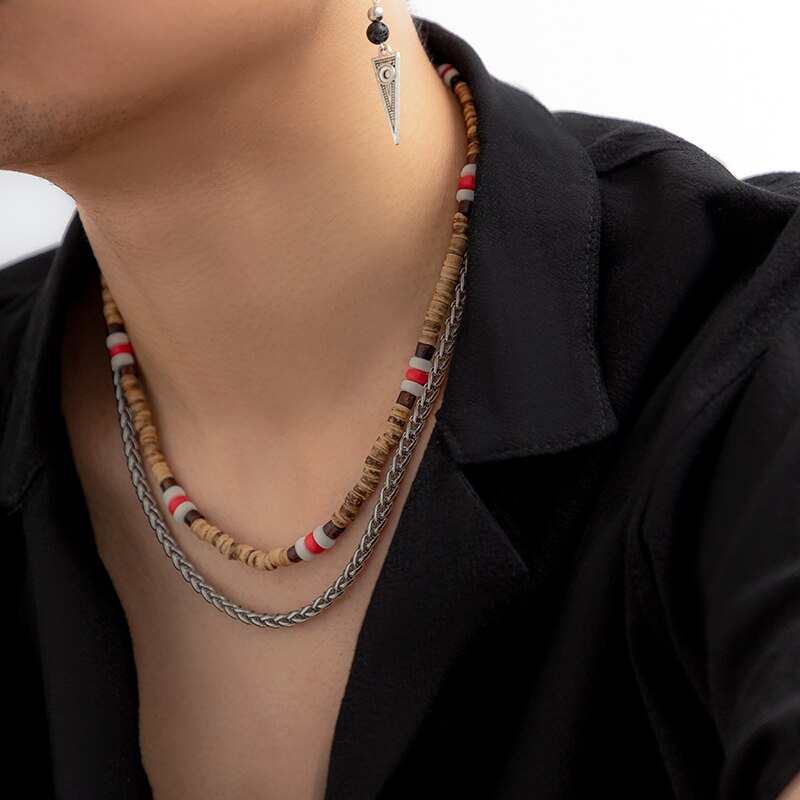 IngeSight.Z 2Pcs/set Natural Wood Beaded Surfer Necklace for Men Vintage Twisted Metal Link Chain Necklace Tribal Jewelry Gift