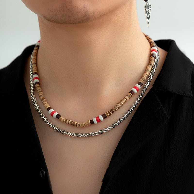 IngeSight.Z 2Pcs/set Natural Wood Beaded Surfer Necklace for Men Vintage Twisted Metal Link Chain Necklace Tribal Jewelry Gift