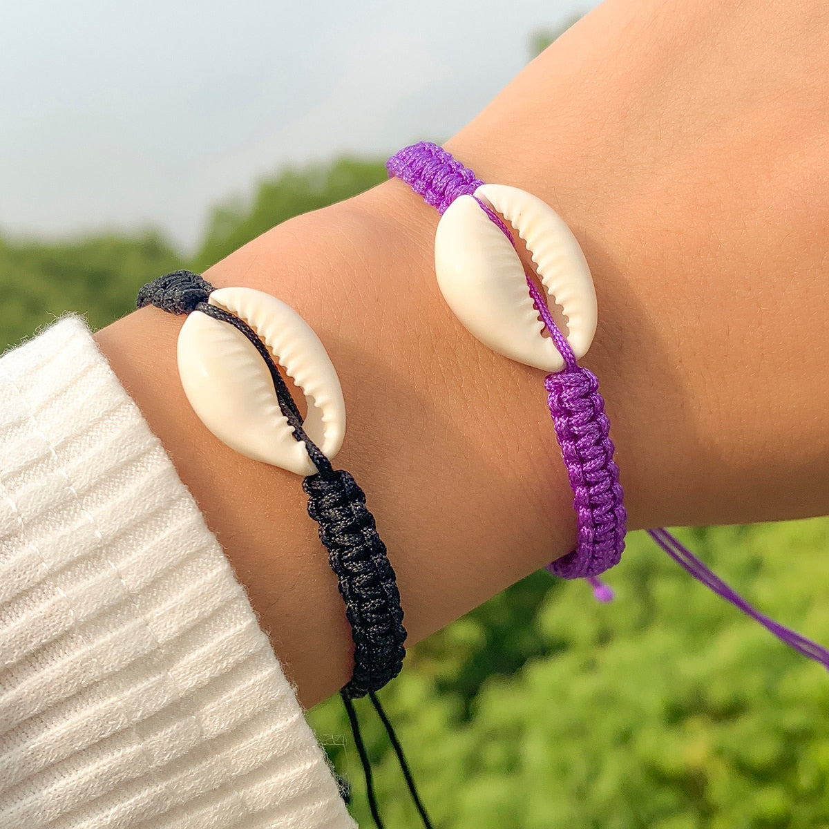 IngeSight.Z 2pc/set Bohemian Shell Braided Rope Chain Bracelet Set for Women Handmade Adjustable Anklet Wristband Beach Jewelry