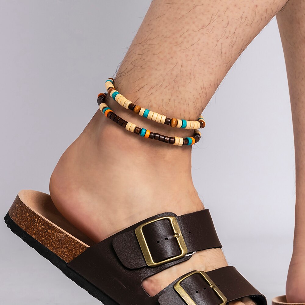 IngeSight.Z  2pcs/Set Wooden Bead Table Wax Anklet Set for Men Bohemia Adjustable Stacking Charm Camping Bracelet on the Leg