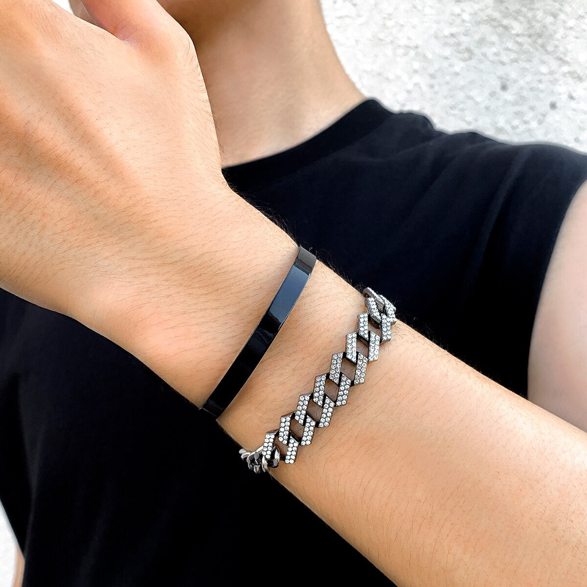 IngeSight.Z  2pcs/set Iced Out Cuban Link Chain Bracelet Bangle for Women Men Punk Thick Miami Rhinestone Hand Chain Jewelry