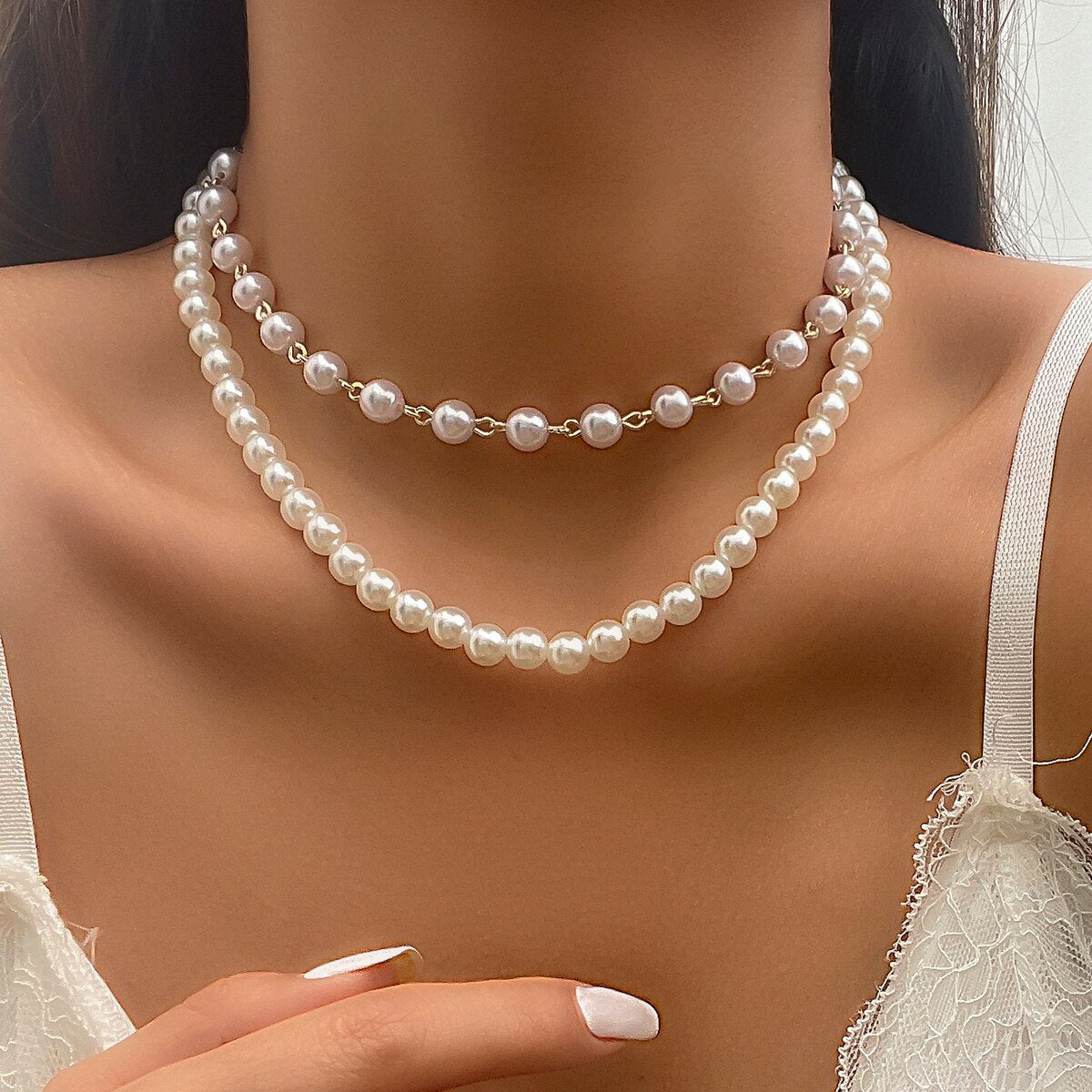 IngeSight.Z 2pcs/set White Imitation Pearls Choker Necklace for Women 2022 Trendy Pearl Beaded Summer Beach Neck Collar Jewelry