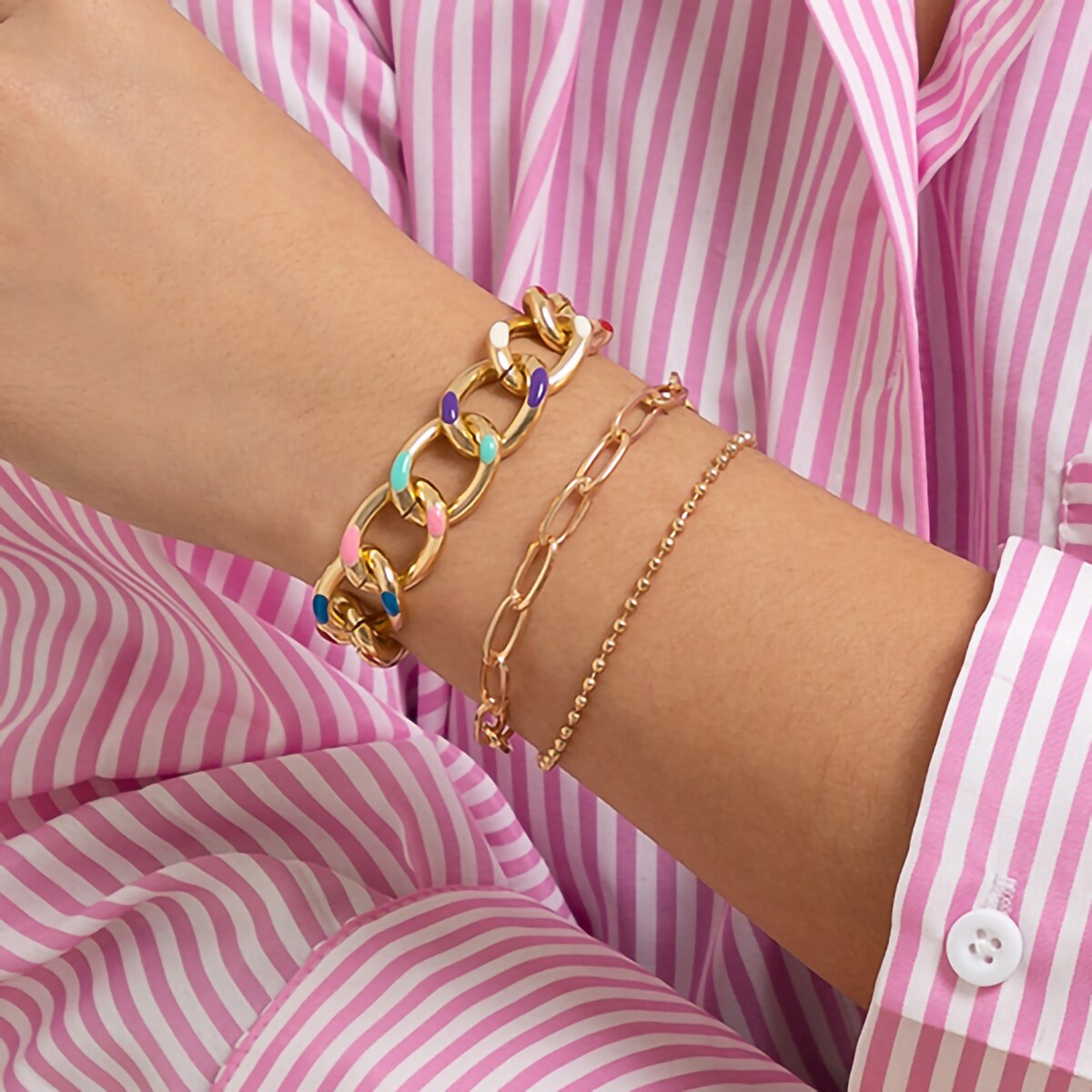 IngeSight.Z 3 pcs/set Hip Hop Colorful Dripping Oil Cuban Chain Bracelets for Women Punk Gold Color CCB Beaded Llink Bracelet