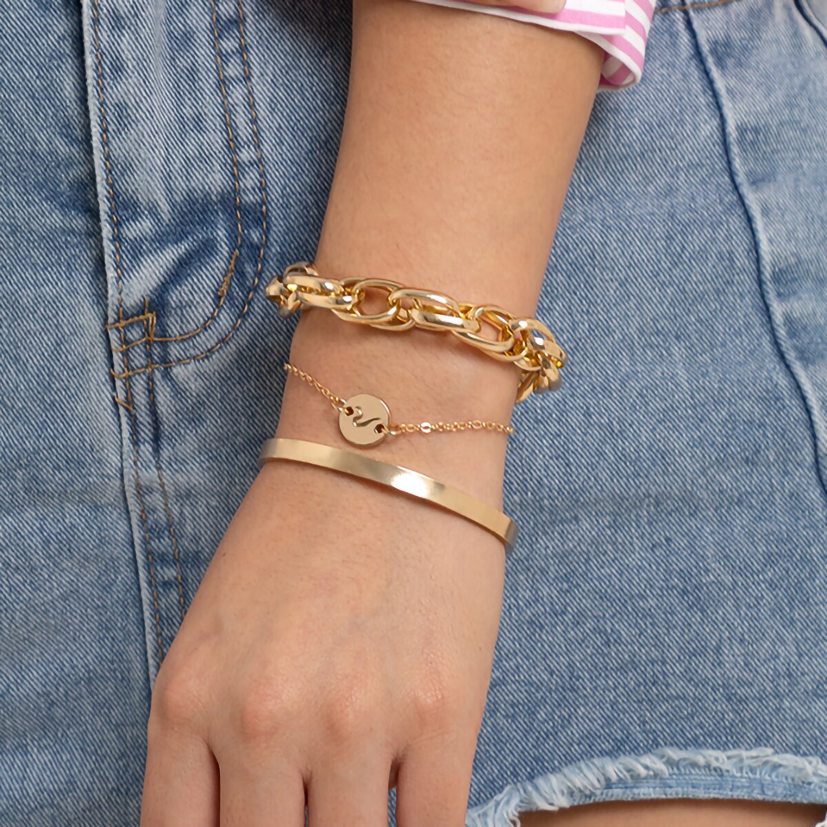 IngeSight.Z 3 pcs/set Punk Metal Twisted Rope Chain Bracelets Bangles for Women Hip Hop Gold Color  Small Sequin Link Bracelets