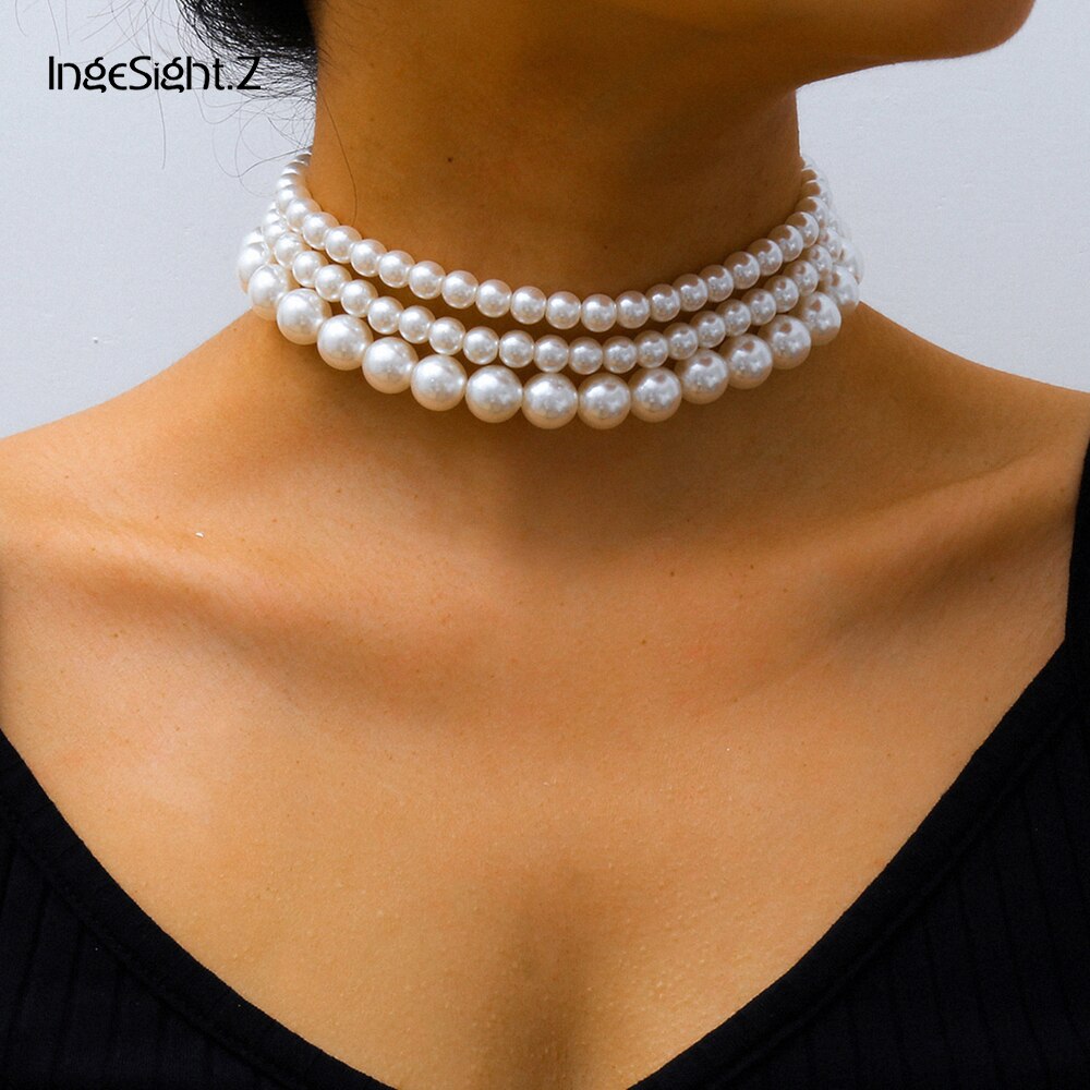 IngeSight.Z 3Pcs/Set Boho Multi Layered Imitation Pearl Choker Necklace Statement Short Collar Clavicle Necklaces Women Jewelry