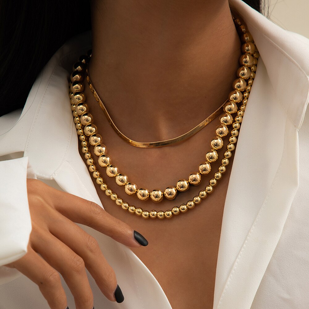 IngeSight.Z 3Pcs/Set Goth Gothic Copper Flat Blade Snake Chain Choker Necklace Gold Color Beaded Chain Chain Necklaces Jewelry