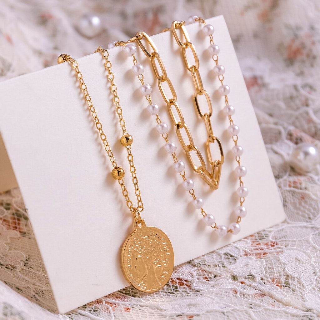 IngeSight.Z 3Pcs/Set Imitation Pearl Beaded Choker Necklace for Women Vintage Carved Coin Portrait Pendant Necklaces Jewelry