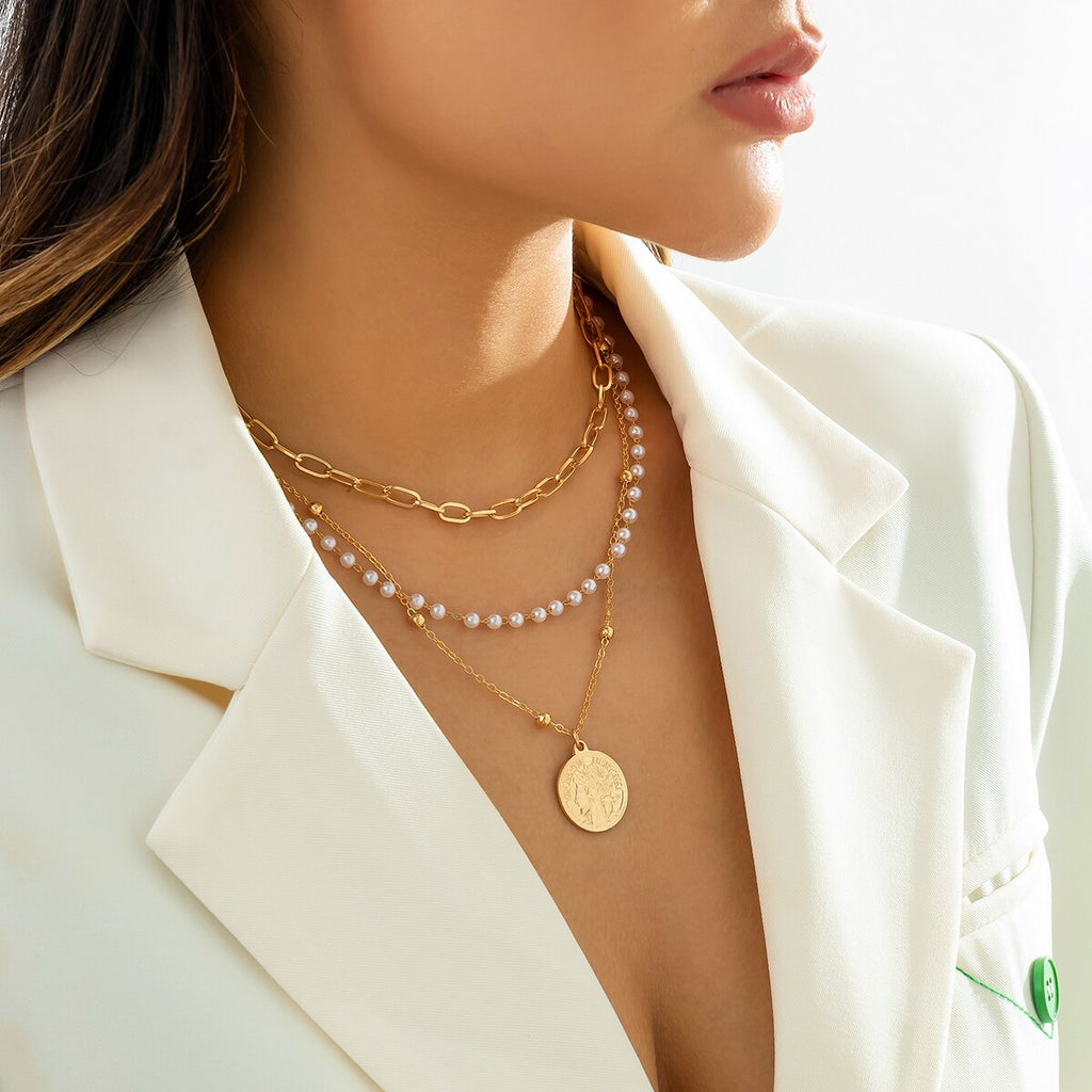 IngeSight.Z 3Pcs/Set Imitation Pearl Beaded Choker Necklace for Women Vintage Carved Coin Portrait Pendant Necklaces Jewelry