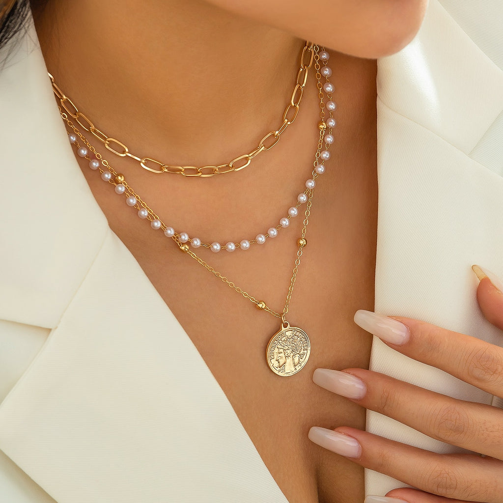 IngeSight.Z 3Pcs/Set Imitation Pearl Beaded Choker Necklace for Women Vintage Carved Coin Portrait Pendant Necklaces Jewelry