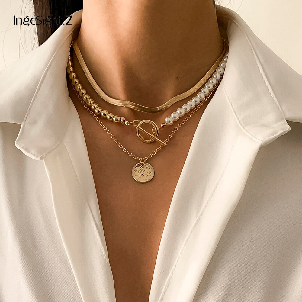 IngeSight.Z 3Pcs/Set Imitation Pearl Beaded Toggle Lasso Choker Necklace Copper Flat Snake Round Sequin Pendant Necklace Jewelry