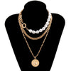 IngeSight.Z 3Pcs/Set Imitation Pearl Beaded Toggle Lasso Choker Necklace Copper Flat Snake Round Sequin Pendant Necklace Jewelry