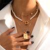 IngeSight.Z 3Pcs/Set Imitation Pearl Beaded Toggle Lasso Choker Necklace Copper Flat Snake Round Sequin Pendant Necklace Jewelry
