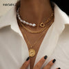 IngeSight.Z 3Pcs/Set Imitation Pearl Beaded Toggle Lasso Choker Necklace Copper Flat Snake Round Sequin Pendant Necklace Jewelry