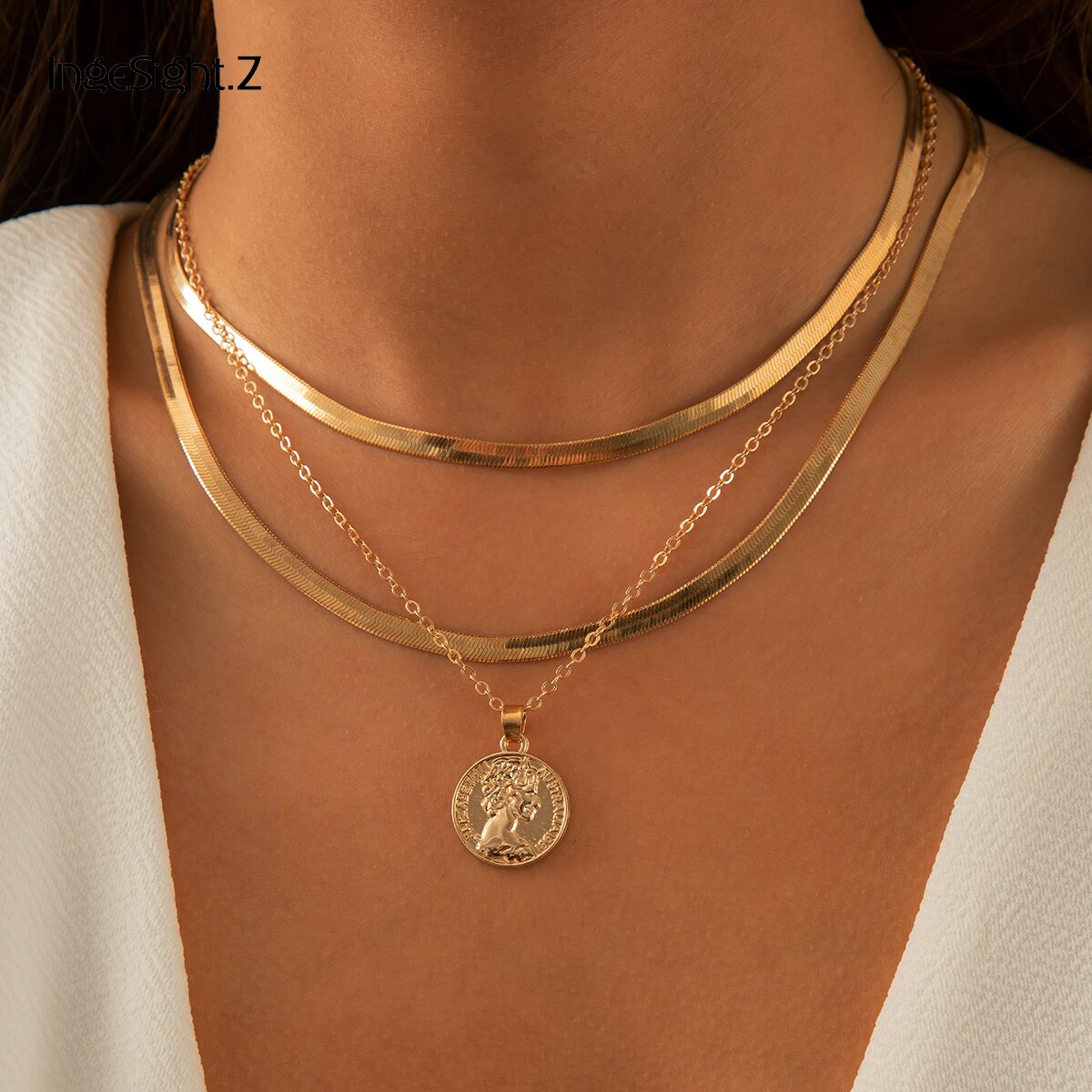 IngeSight.Z 3Pcs/Set Multi Layered Portrait Carved Coin Pendant Necklaces Flat Blade Snake Chain Choker Necklaces Neck Jewelry