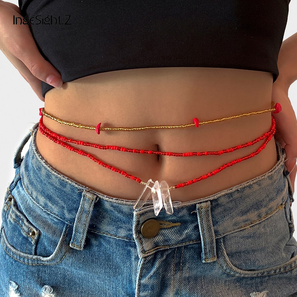 IngeSight.Z 3Pcs/Set Natural Crystal Column Belly Chain Multi Layered Red Color Stone Beaded Harness Waist Chain Body Jewelry