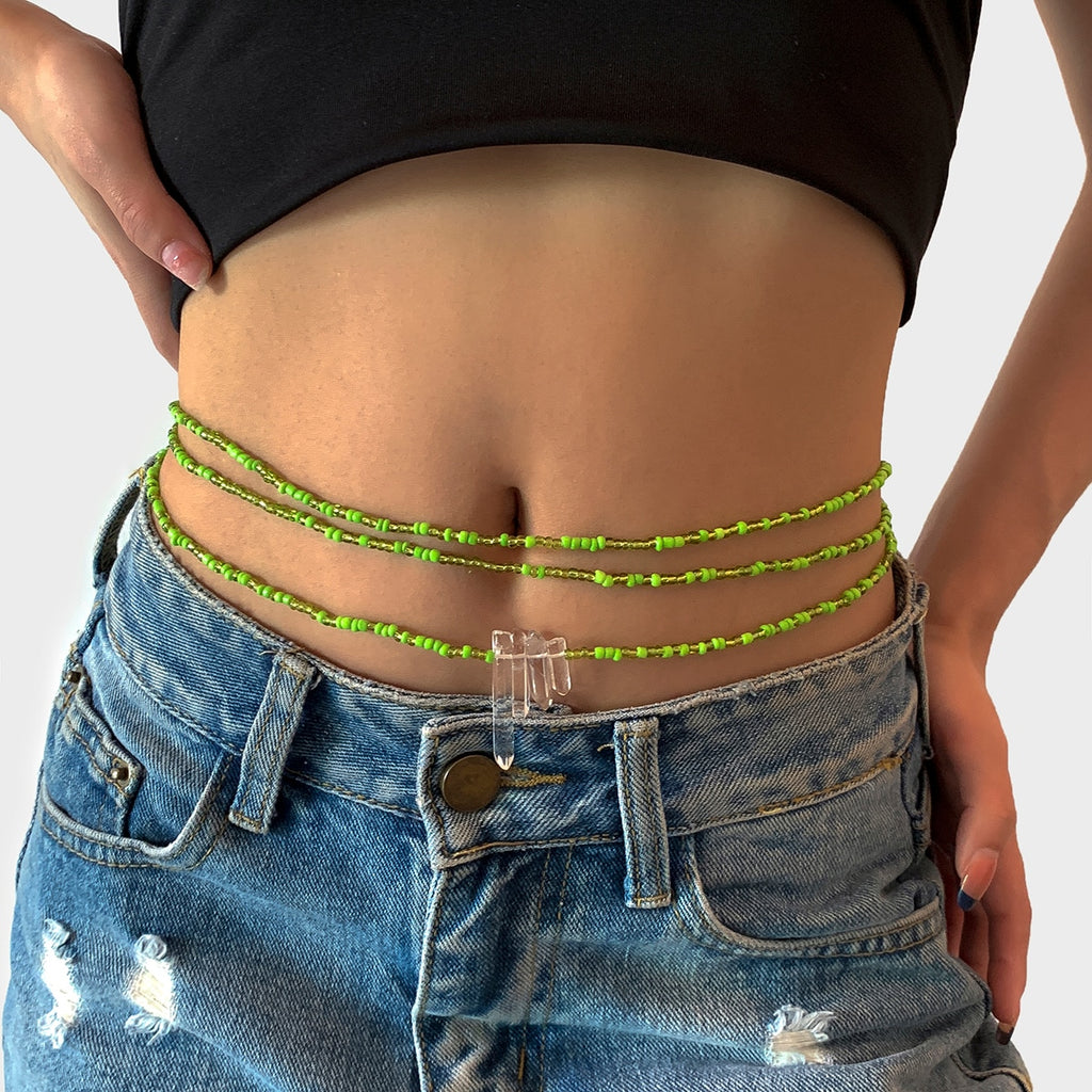 IngeSight.Z 3Pcs/Set Natural Crystal Column Belly Chain Multi Layered Red Color Stone Beaded Harness Waist Chain Body Jewelry