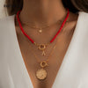 IngeSight.Z 3Pcs/Set Red Color Seed Beaded Chain Choker Necklace Punk Letter Carved Coin Star Pendant Necklace for Women Jewelry