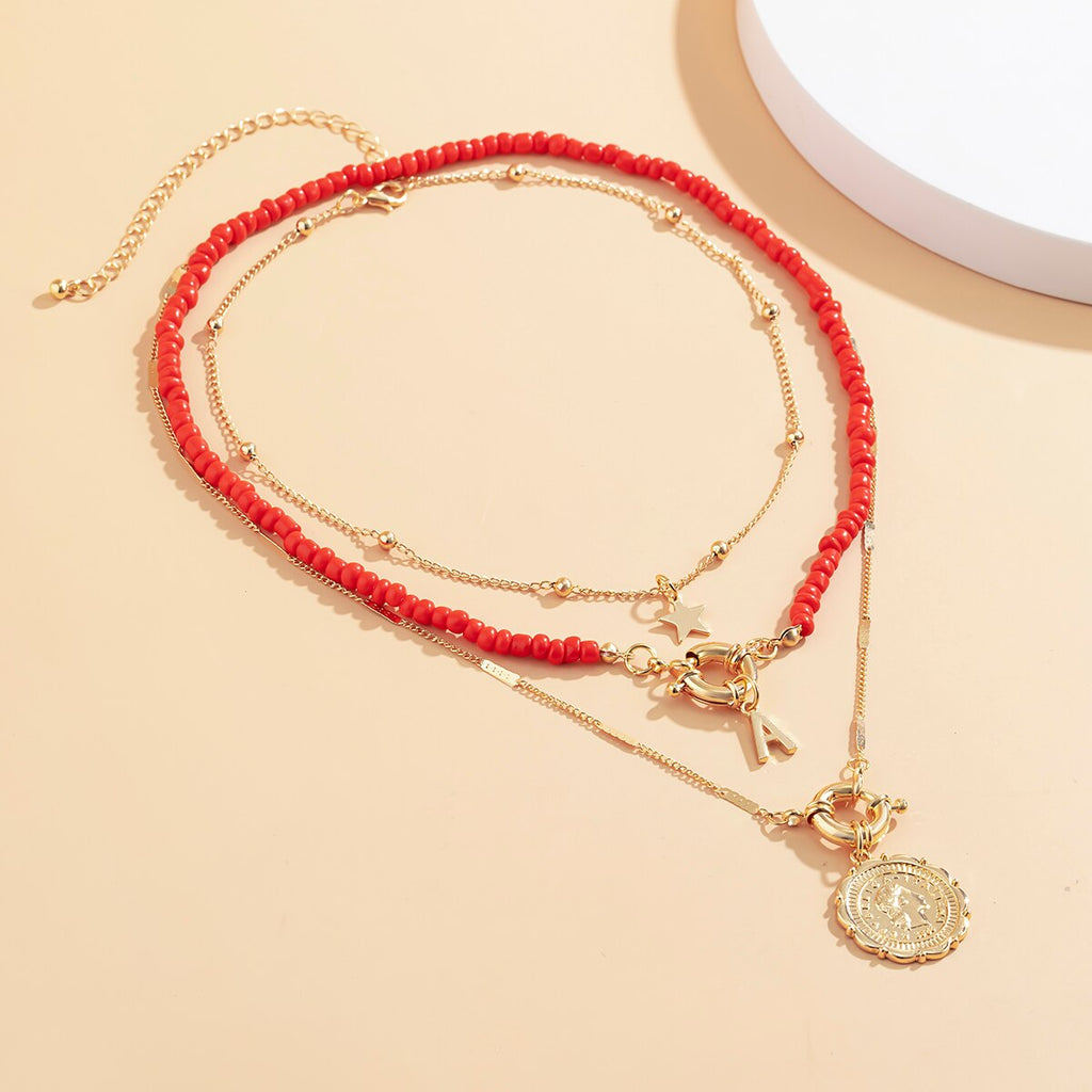 IngeSight.Z 3Pcs/Set Red Color Seed Beaded Chain Choker Necklace Punk Letter Carved Coin Star Pendant Necklace for Women Jewelry