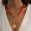 IngeSight.Z 3Pcs/Set Red Color Seed Beaded Chain Choker Necklace for Women Bohemia Letter Carved Coin Star Pendant Necklace Sets