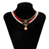 IngeSight.Z 3Pcs/Set Red Color Seed Beaded Chain Choker Necklace for Women Bohemia Letter Carved Coin Star Pendant Necklace Sets
