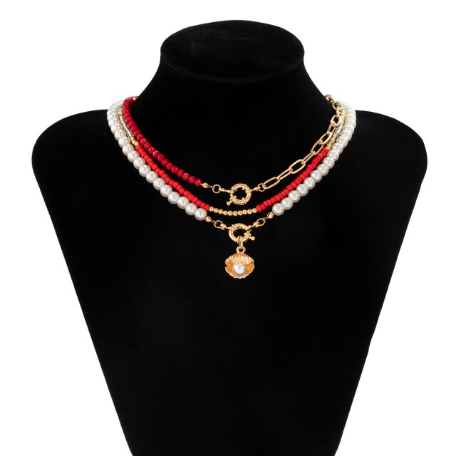 IngeSight.Z 3Pcs/Set Red Color Seed Beaded Chain Choker Necklace for Women Bohemia Letter Carved Coin Star Pendant Necklace Sets