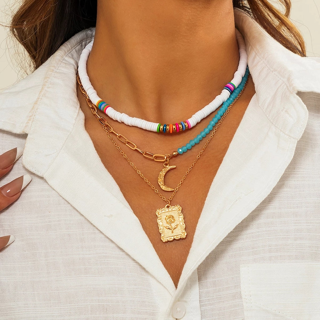 IngeSight.Z 3Pcs/Set Red Color Seed Beaded Chain Choker Necklace for Women Bohemia Letter Carved Coin Star Pendant Necklace Sets