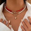 IngeSight.Z 3Pcs/Set Red Color Seed Beaded Chain Choker Necklace for Women Bohemia Letter Carved Coin Star Pendant Necklace Sets