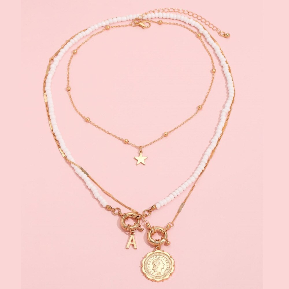 IngeSight.Z 3Pcs/Set Red Color Seed Beaded Chain Choker Necklace for Women Bohemia Letter Carved Coin Star Pendant Necklace Sets
