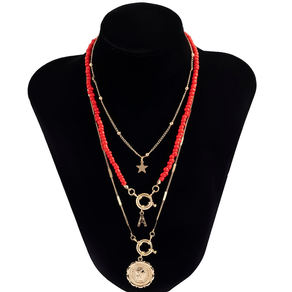 IngeSight.Z 3Pcs/Set Red Color Seed Beaded Chain Choker Necklace for Women Bohemia Letter Carved Coin Star Pendant Necklace Sets